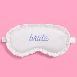 xo, Fetti Ruffled Bride Sleep Mask, White Satin + Blue Embroidery | Bachelorette Party Decorations, Bridal Shower Accessory, Bride to Be Party Favor, Bridesmaid Gift