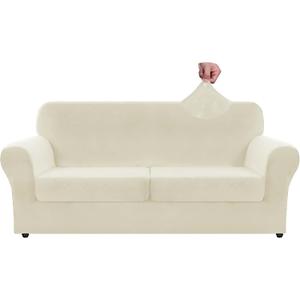 ZNSAYOTX Oversized Velvet 3 Piece Couch Cover with 2 Extra Large Seat Cushion Covers Stretch Sofa Cover for 2 Cushion Couch Thick Soft Loveseat Sofa Slipcover (Beige),72"-92"(2 Cushions)