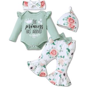 Newborn Baby Girl Clothes Infant Outfits Clothing Ruffle Romper Bell Bottoms Flared Pants Outfit Sets for Baby Girls (12-18 Months, Light Green)