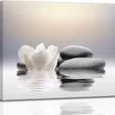 Zen Canvas Wall Art white Lotus Flowers and Black Massage Stones Spa Picture Wall Decor Poster Print Suitable for Yoga Meditation Room Bathroom Bedroom Study Home Decoration (24"L x 16"W)