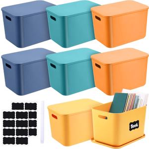 Tanlade 8 Pcs Plastic Storage Bins Stackable Baskets with Lid and Handle Colorful Desktop Storage Box Cubby Containers for Shelf Bedroom Office, Include 1 Erasable Marker, 16 Stickers (14 x 10 x 9 In)