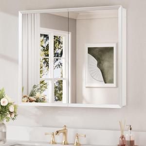 Keonjinn Medicine Cabinet Mirror 30" x 26", Assembly Needed, White Bathroom Mirror with Storage, Beveled Aluminum Frame, Stepless Adjustable Shelves, Surface Mount or in Wall