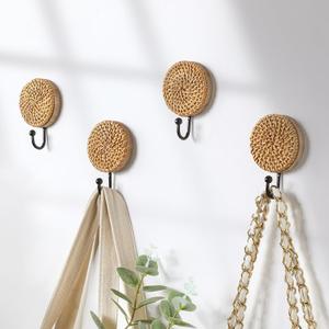 Colingmill 4 Pcs Boho Rattan Wall Towel Hooks Decorative Woven Hanging Holder Farmhouse Coat Rack Hooks Wood Coat Rack Wall Mount Vintage Decorative Hook for Hanging Coats(Round)