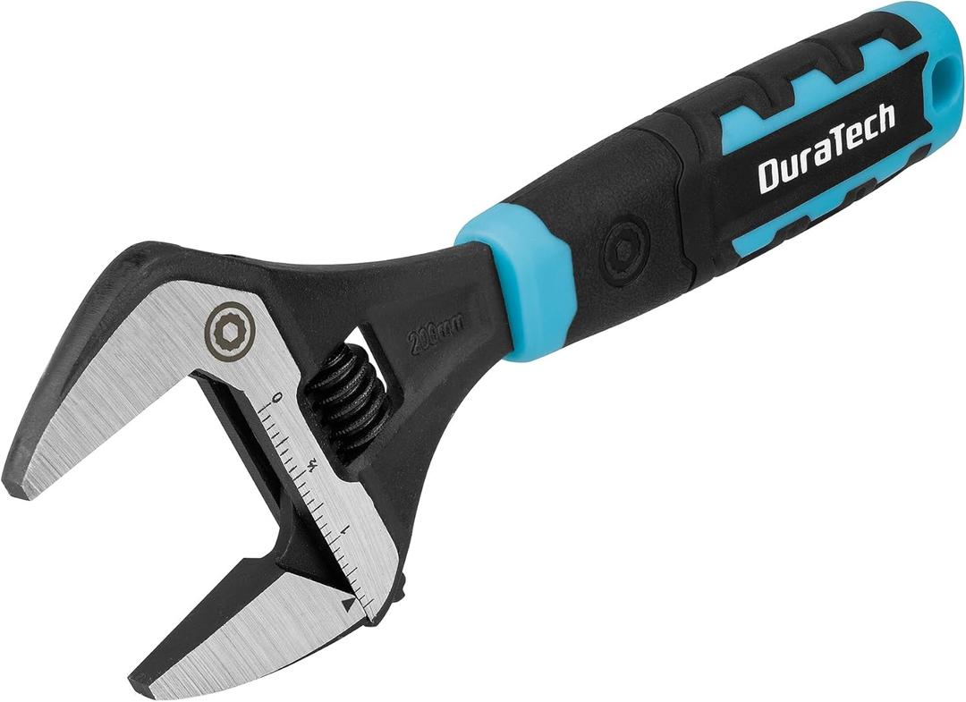 DURATECH 8-Inch Adjustable Wrench, Wide Jaw Opening Plumbing Wrench, CR-V Steel, SAE and Metric Scale Marked, Ergonomic Grip (Black & Blue)