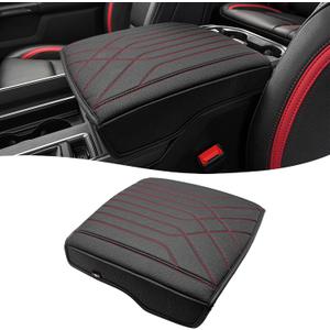 KBH Center Console Armrest Cover for 2019-2026 Dodge Ram 1500 2500 3500 5th Gen, Floor Console Bucket Seat, Arm Rest Cushion Pad Protector, Vinyl Leather, Black-Red Stitches