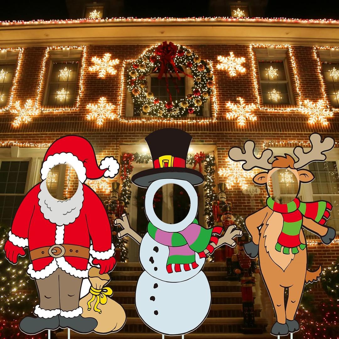 Soaoo 3 Pcs 36" Christmas Yard Sign Snowman Santa Claus Reindeer Photo Props Xmas Outdoor Decorations Large with Stakes Holiday Face Photo Cutout Decorations for Yard Lawn Garden Xmas Gifts