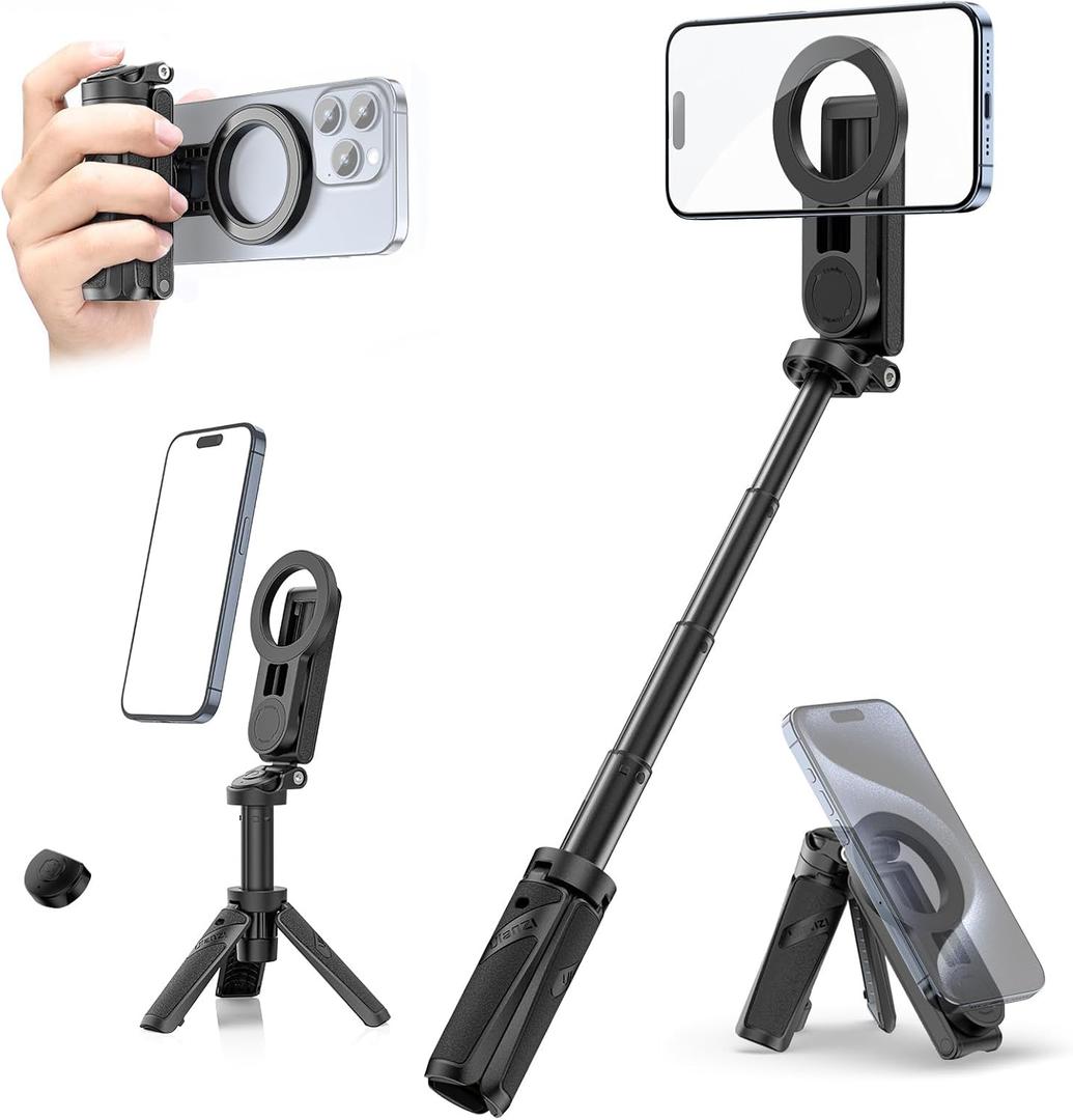 ULANZI Magnetic Phone Tripod, JJ03 Portable Selfie Stick Tripod for Magsafe with Remote, Mini Phone Stand Handle Grip for iPhone 17/16/15/Android, 360 Rotation Pocket Size for Travel Vlog Live