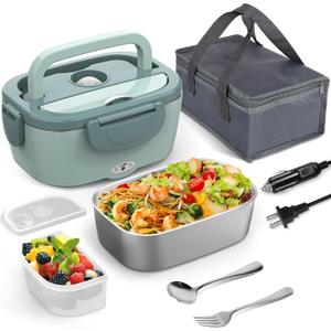 WisaKey Electric Lunch Box Food Heater, 60W-80W Heated Lunch Box for Adults, 12V 24V 110V Portable Food Warmer LunchBox for Car Truck Work with Removable 304 Stainless Steel Container, Carry Bag