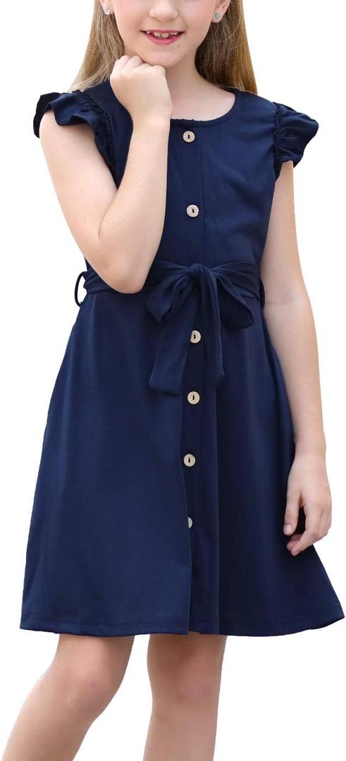GORLYA Girl's Ruffle Trim Sleeve Button Down Floral Print Casual Vintage Midi Dress with Pockets for 4-12 Years Kids (Navy)