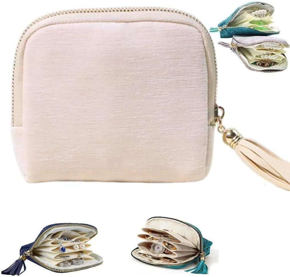 Travel Jewelry Case, Small High-End Large-Capacity Tassel Storage Bag Gifts for Women, Pouch Bags with Zipper, Velvet Jewelry Organizer Storage Bag for Bracelet Rings Earring (Beige)