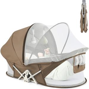 Portable Baby Bassinet Travel Baby Bed, Baby Cribs Travel Pod for Outdoors Baby Lounger Infant Travel Bed with Mosquito Net and Sunshade Canopy, Lightweight Washable (Brown)