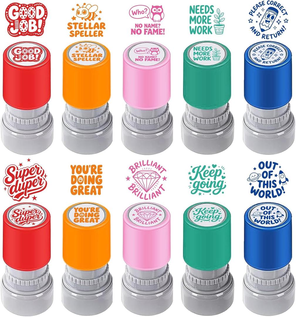 10PCS Round Teacher Stamps for Classroom-No Ink, Self-Inking Rubber Stamp for Grading Homework Behavior Stamp for Office Stationery Word Encouraging Comments Reward Supplies