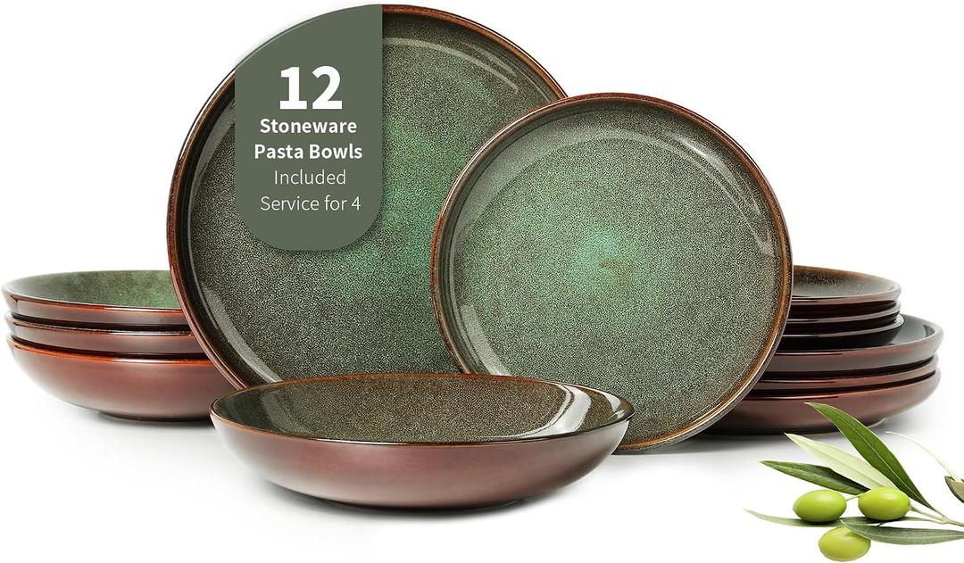 Pokini 12 Piece Dinnerware Sets with Pasta Bowls, Stain Resistant Dish Set, Easy Cleaning Dishes, Multi-Functional Plate and Bowl Set, Stack Compactly Plates, Service for 4 Sage Green