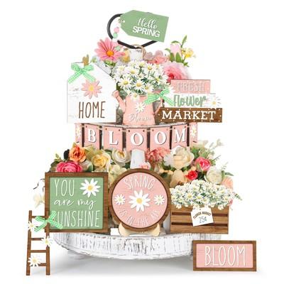 16 Pcs Spring Tiered Tray Decorations Set Farmhouse Daisy Wooden Decoration Flower Table Sign Daisy Tiered Tray Decorations Tabletop Decorations for Home Shelf Kitchen Party(Flower)