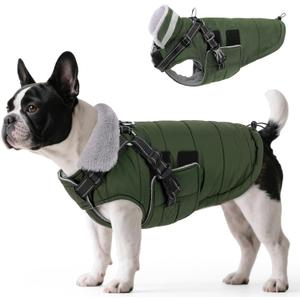 Queenmore Winter Dog Jackets for Medium Dogs with Harness Built-in, Waterproof Puffer Jacket for Snow/Cold Weather, Pet Warm Coat for Doggie Boy/Girl - Fleece Lining Reflective Easy-on, Green M