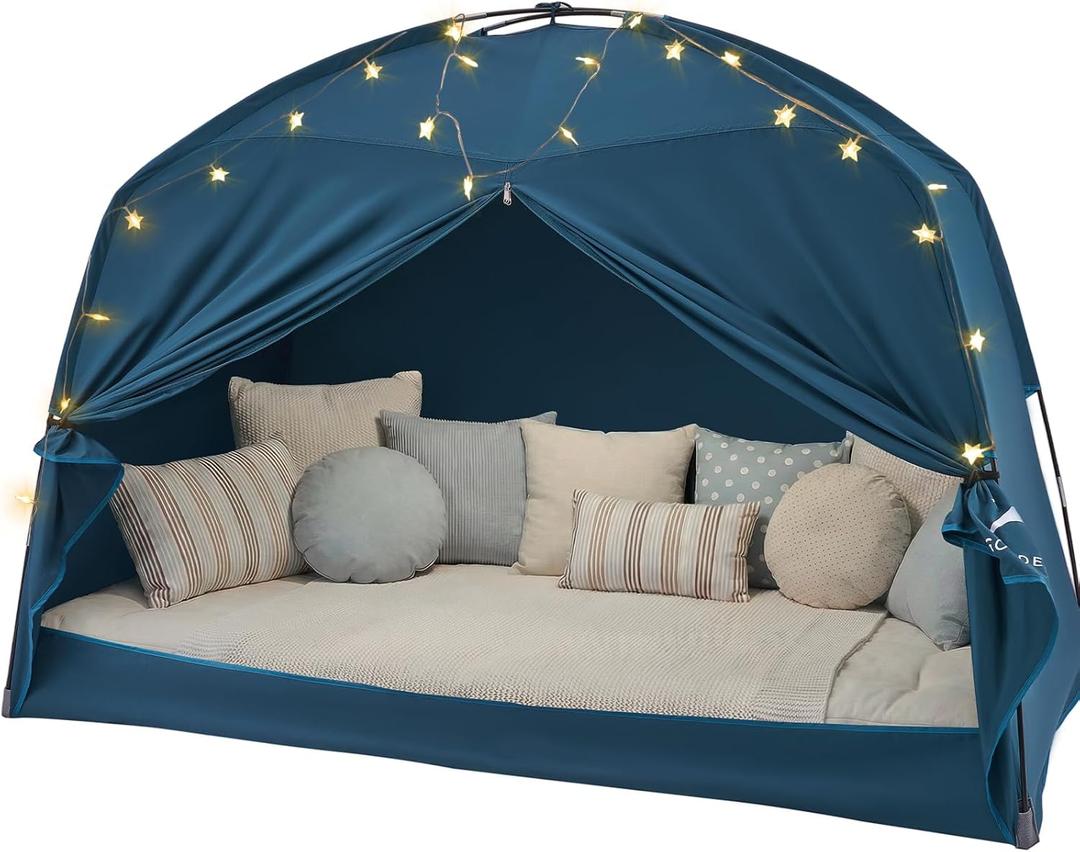 Twin Bed Tent for Kids, Indoor Play Tent with Star Lights, Cozy Privacy Space Birthday Gift for Boys & Girls (Blue)
