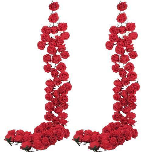 Daifunli 2 Pcs Red Artificial Rose Vine Hanging Faux Flowers Garland for Wedding Anniversary Birthday Party Background Arch Garden Home Wall Room Decor