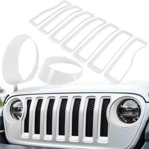 Front Grille Mesh Inserts & Headlight Cover for Jeep Wrangler JL JLU Unlimited Sport/Sports 2018-2023 Exterior Accessories Clip-in Grille Guard Cover Headlight Bezels Trim Ring (White 9PCS)