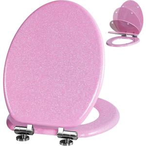 Angol Shiold Glitter Toilet Seat Molded Wood Elongated Toilet Seat with Quietly Close and Quick Release Hinges, Easy to Clean also Easy to Install (Elongated 18.5'', Pink)