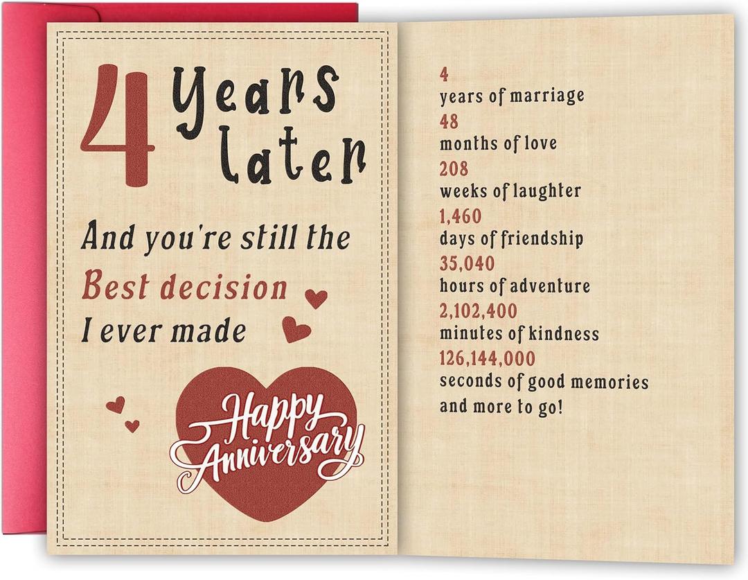 2 x Happy 4 Year Anniversary Card for Girlfriend Boyfriend, Fourth Wedding Anniversary Card for Wife Husband, Romantic Four Year Love Cards Gift for Him Her, Sweet Marriage Milestone Gift
