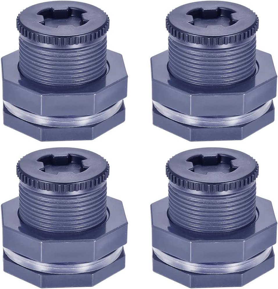 JoyTube 1 Female PVC Bulkhead Fitting with Plug Silicon Seal Gasket Water Tank Connector for 1.77 Inch or 2 Inch Hole Saw Rain Barrels, Aquariums (pack of 4)