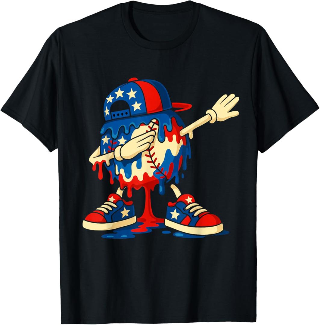 4th of July Dabbing Baseball Drip Ice Cream for Boys USA T-Shirt S