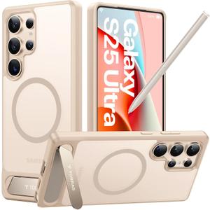 TORRAS Strong Magnetic & Seamless Stand for Samsung Galaxy S25 Ultra Case, Fit for MagSafe, Mil-Grade Drop Protection, Kickstand for Samsung Galaxy S25 Ultra Case, Translucent Back/Gold Edge