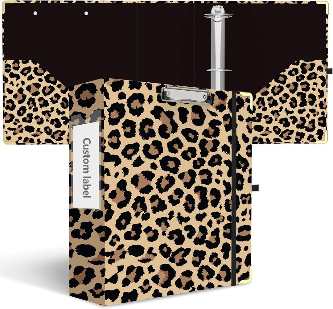 3 Inch 3 Ring Binder, Cute 3'' Round Binders with Low Profile Clipboard with Storage, 2 Interior Pockets, Binder Organizer for School Office Supplies(Cheetah Spots)