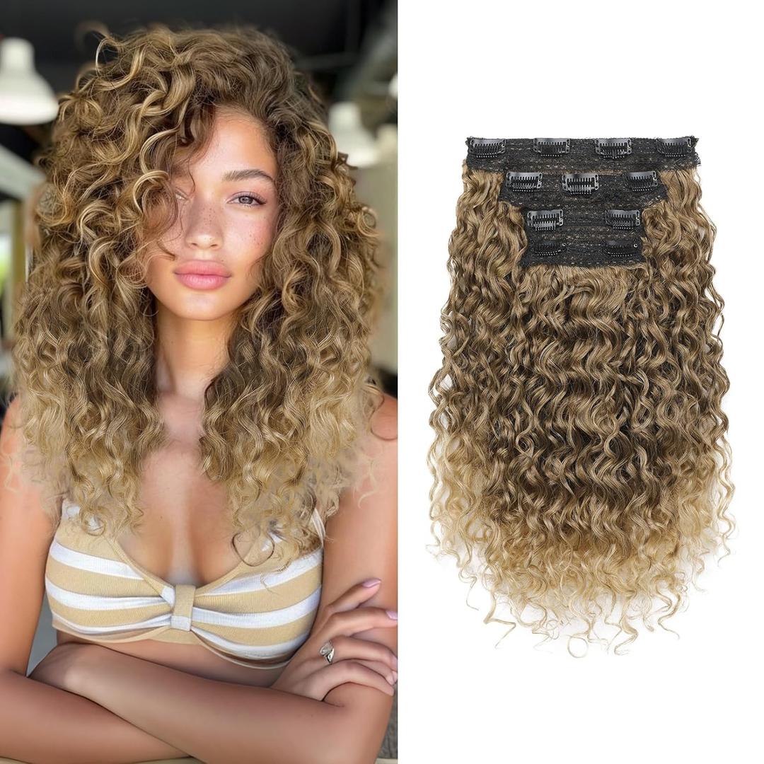 Flufymooz 4PC Clip in Hair Extensions, 14 Inch 100 Pure Protein Silk Short Hairpiece Deep Curly Wavy Hair Extensions Clip in Natural Soft Hairpiece for Women-Dark Blonde to Light Brown