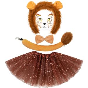 5 Pcs Halloween Costume Set Animal Ears Headband Tail Bowtie Tutu and Animal Face Sticker for Kids Adult Halloween Dress Up (Lion)