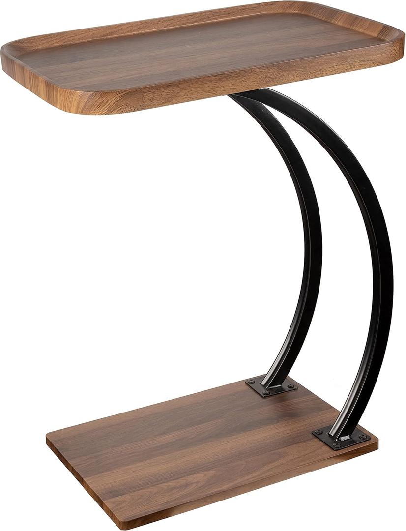 C Shaped 2tier Large Tray Wood top Heavy Duty Side end Table Large TV Tray for Couch Sofa Double Bent Tubes 2 (Plus)