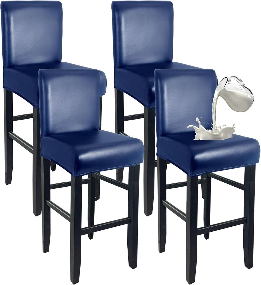 PU Leather Bar Stool Covers with Backs 100% Waterproof Bar Stools Covers Set of 4, Removable Stretch Barstool Slipcovers for Pub Cafe Dining Room (Navy)