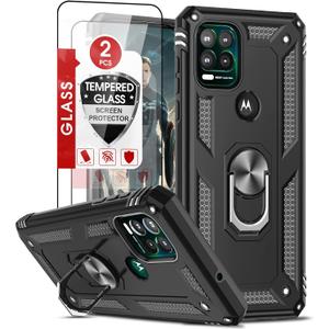 LeYi for Military-Grade Moto G Stylus 5G Phone Case 2021 with Magnetic Ring Kickstand & 2 Tempered Glass Screen Protectors - Black