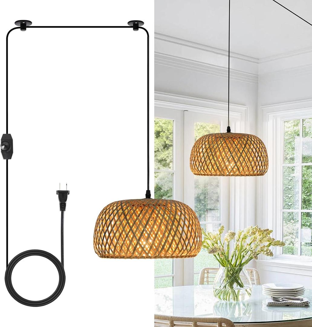 HuisMier Dimmable Plug in Pendant Light Rattan Hanging Lights with 15 Ft Plug in Cord, Handmade Bamboo Lampshade Boho Hanging Light Fixture for Kitchen Island Dining Room Bedroom
