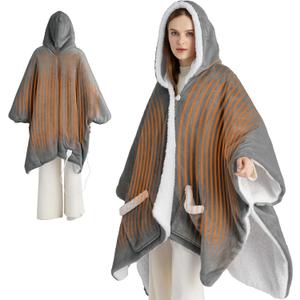 Bedsure Heated Blanket Wearable Shawl - Electric Wrap Poncho Blanket Hoodie for Adult, Birthday Gifts for Mom Women, Sherpa Heating Throw with 4 Time Settings & 6 Heat Settings, 55x64 inches, Grey