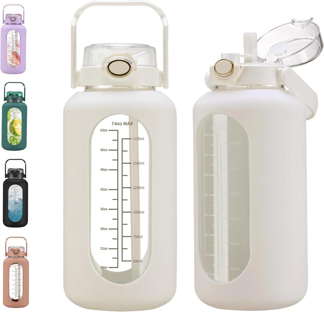chunmo 74 oz Glass Water Bolttles with Straw Large Motivational Water Bottle with Time Marker Sports Water Bottles with Silicone Sleeve and Handle Lid 2.2L Water Jug for Gym Workout (White)