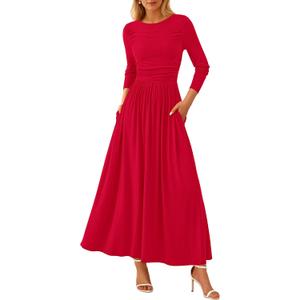PRETTYGARDEN Women's 2025 Fashion Trendy Fall Long Sleeve Dresses Ruched Flowy Elegant Modest Boho Casual Beach Maxi Dress (Red, L)