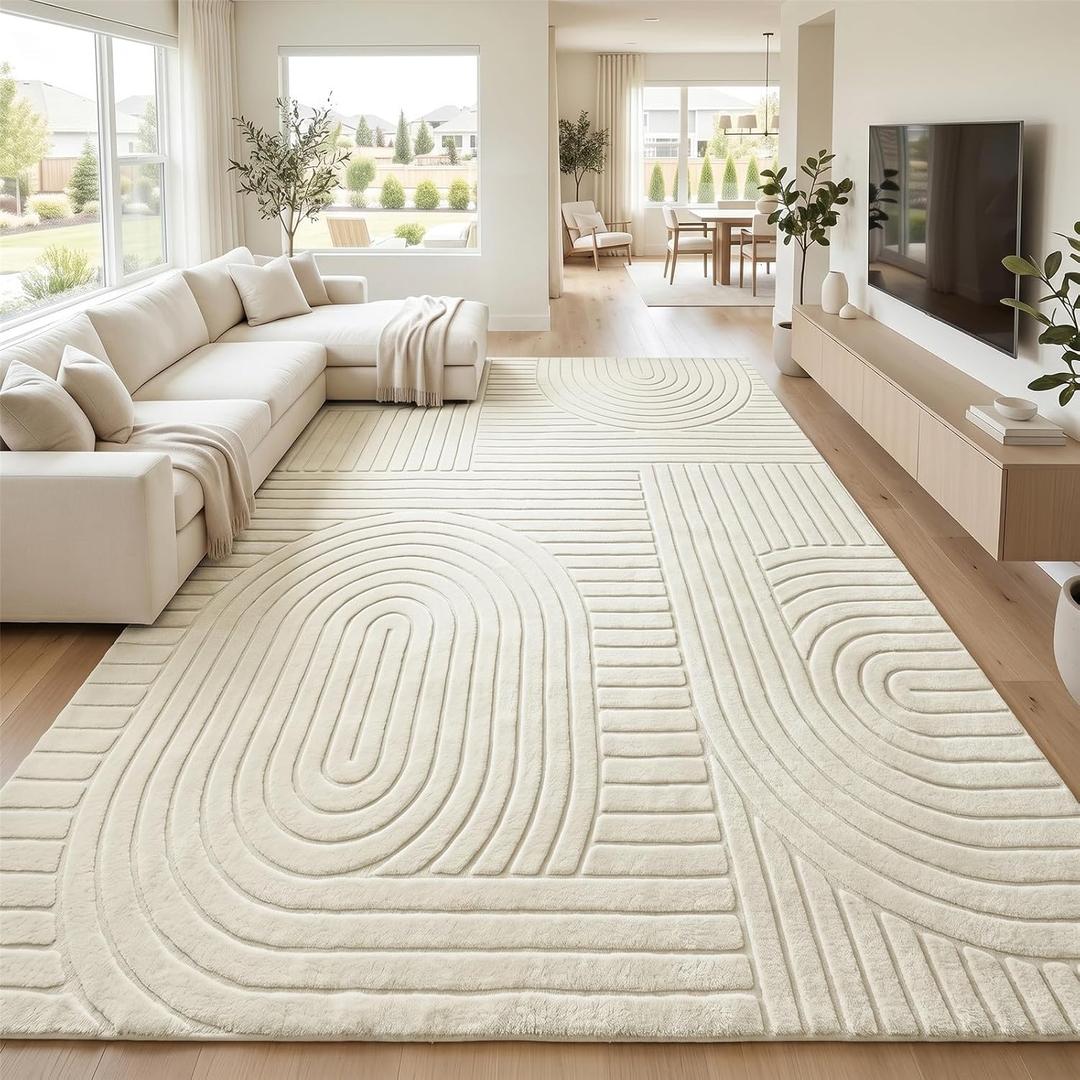 Beige Solid Area Rug 9x12, Large Washable Living Room Rug, Ultra Soft Indoor Rugs for Bedroom, Modern Geometric Boho Pattern High-Low Textured Carpet for House Apartment, Home Office Decor