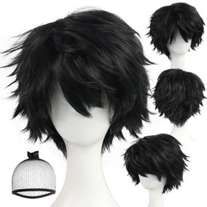 (Wig Cap + Short Black Cosplay Wig for Men Synthetic Hair Black Layered Anime Wigs for Cosplay Costume Short Anime Party Wigs for Halloween Costume Outfit