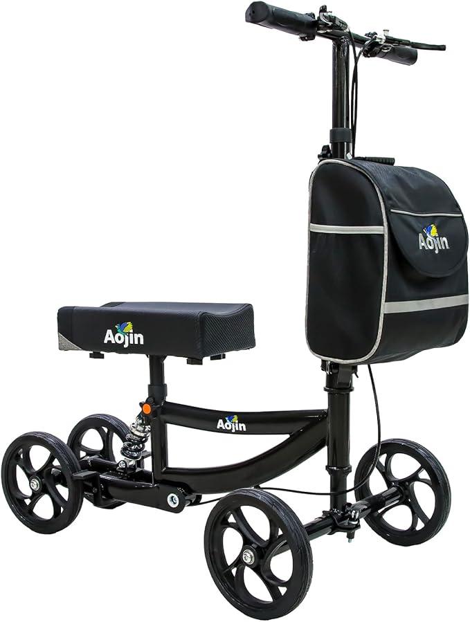 Knee Scooter, 300lbs Capacity, 13" Big PU Seat, All Terrain Foldable Knee Scooter Walker with Bag for Foot Injuries Compact Crutches Alternative (Black)