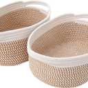 JMvicyroam Woven Basket,Small Rope Storage Bin with Handles & Ribbon Bag, Organizer for Shelves Closets,Gift Basket Empty for Birthday,Books,Dog Toys, White&Brown Block/2 Pack
