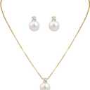 14K Gold Plated Pearl Necklace and Earring Set for Women Jewelry Set with Pearl Pendant Necklace and Studs Earrings for Wedding and Bridesmaid