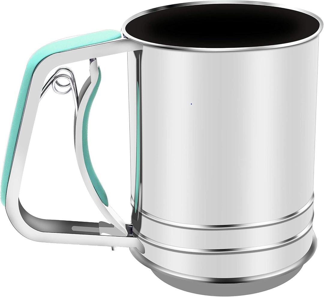 3-Cup Stainless Steel Flour Sifter,Squeeze Sifter for Baking with Compatable Silicone Handle (Green)