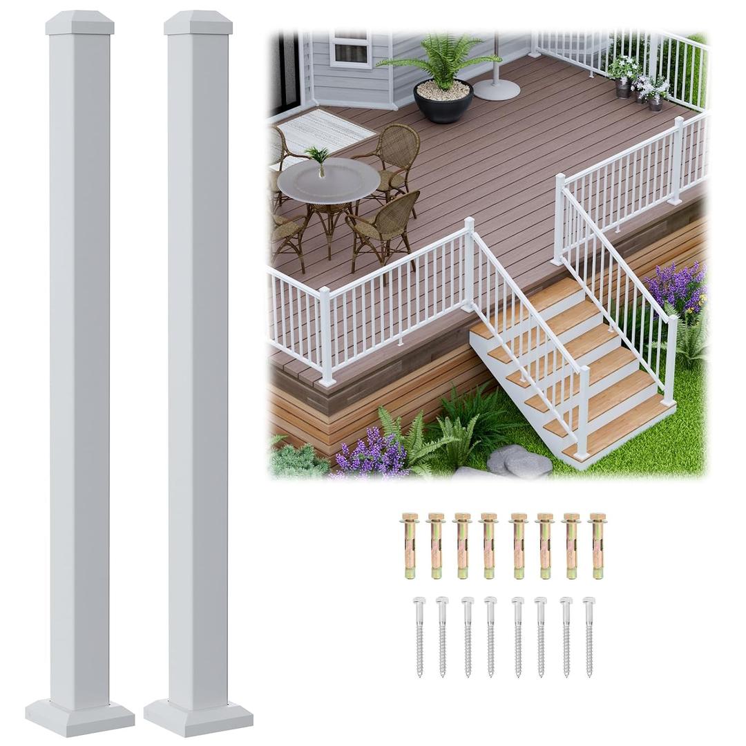 Egadis 2 Pack 2.56 in. x 2.56 in. x 39 in. Deck Railing Post with Screws, Aluminum Railing Post, White Outdoor Textured Powder-Coat Finish Stair Post for Decks, Porches & Balconies (2X 39in Post)