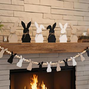 7 Pcs Easter Bunny Decorations, Mantel Beaded Garland with 6 Wooden Bunnies, Spring Rabbit Mantel Decor Banner for Home 