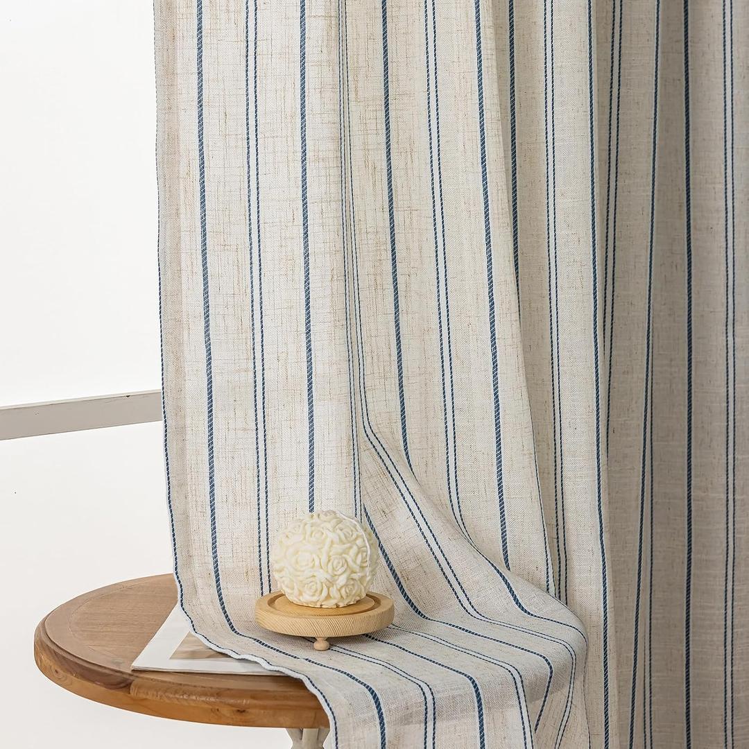 SUOUO Boho Blue Striped Linen Textured Curtains for Living Room 96 inches Long Rod Pocket Light Filtering Window Drapes for Bedroom Dining 2 Panels