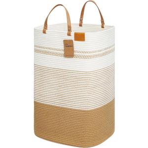 danpinera Large Laundry Hamper – 75L Tall Woven Cotton Storage Basket with Leather Handles, Slim Dirty Clothes Hamper, Decorative Storage Basket for Blanket,Toys White & Jute