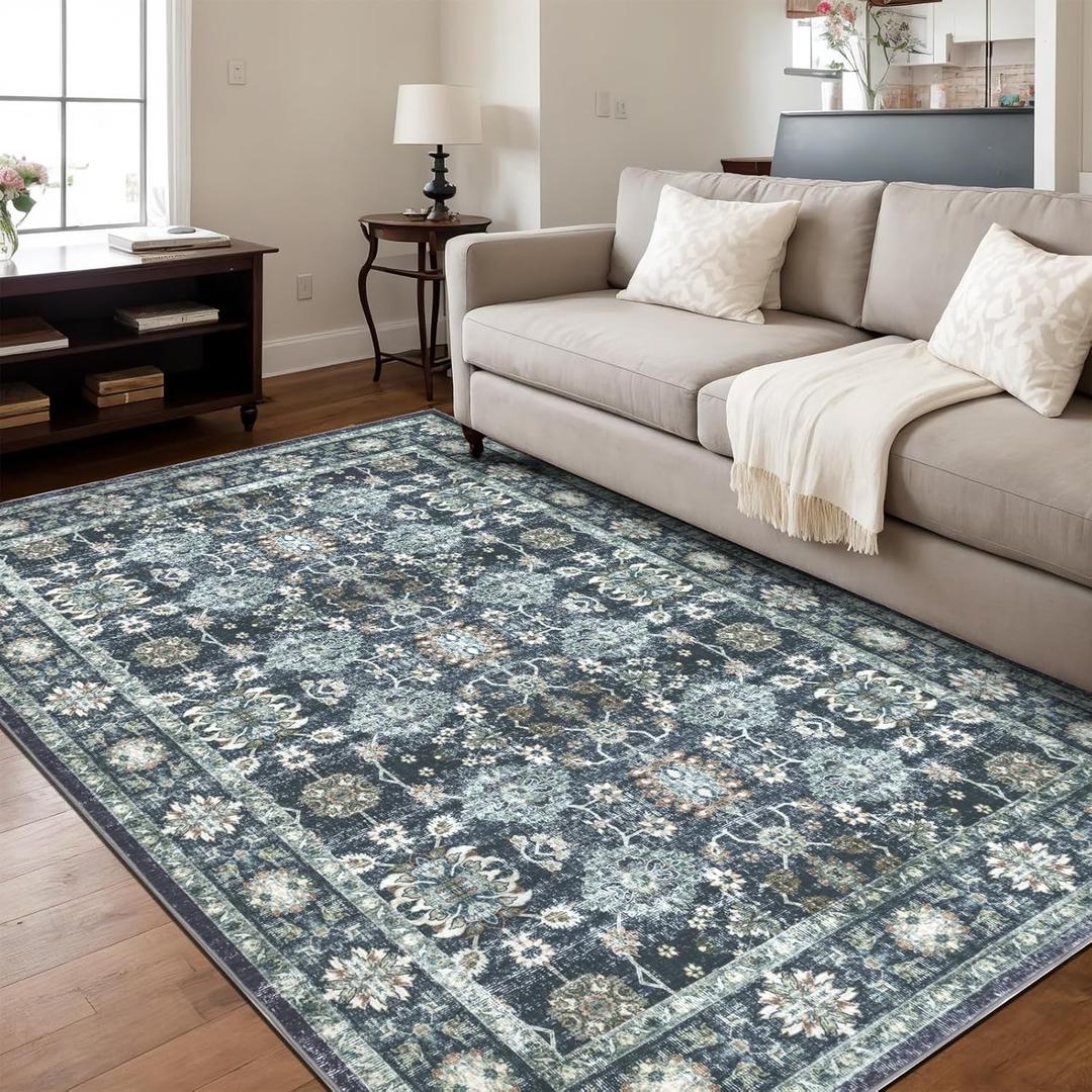 Washable 810 Area Rug for Living Room, Vintage Floral Rug Soft Non Slip Stain Resistant Boho Carpet for Indoor Bedroom Dinning Room Home Office Blue/Navy
