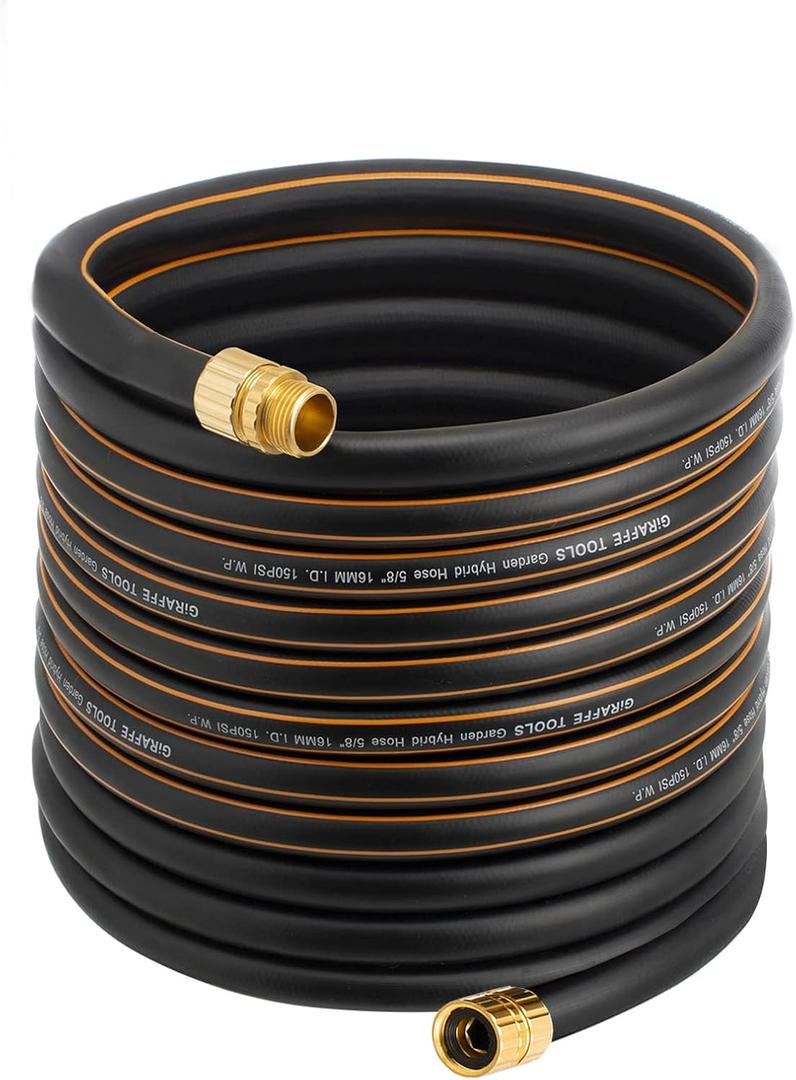 Giraffe Hybrid Garden Hose 5/8" x 75ft, Custom Length, NO Kink, Flexible, Leakproof Hose with Male to Female Fittings, 600 Burst PSI (Black and Orange)