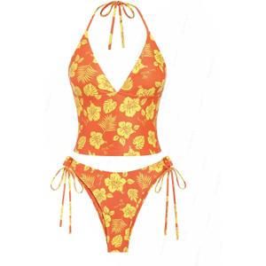Jacquard Floral & Leopard Tankinis - Tankini Swimsuits for Women with Plunging Neck & Gingham Trim (X-Small, Orange)
